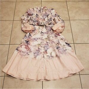 Commense belted balloon sleeve floral dress